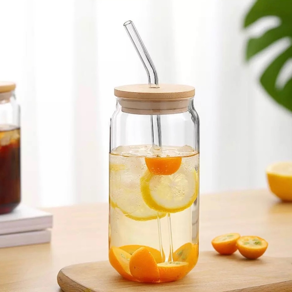 16oz clear glass cans with bamboo lids and glass straws